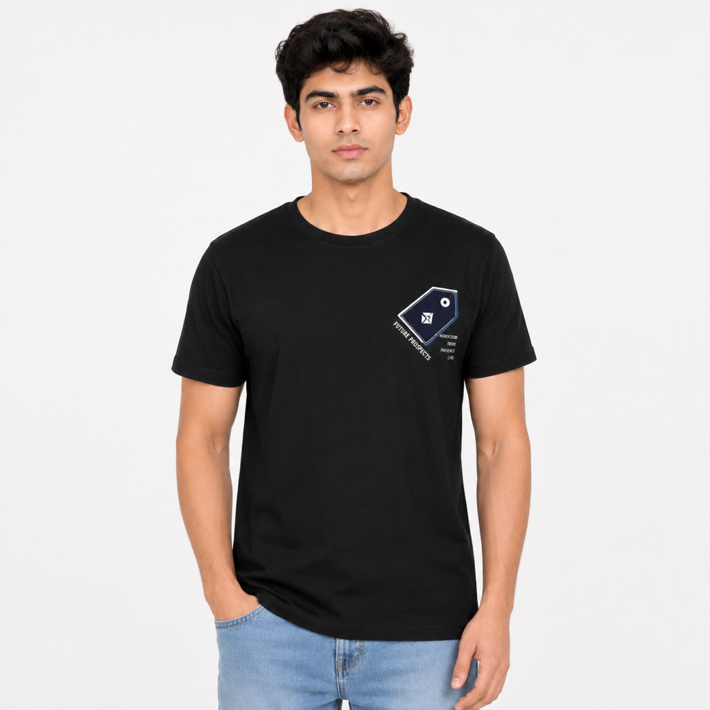 Men's Black Minimal Geometric Chest Print Crew Neck T-Shirt | Regular Fit Half Sleeve Casual Tee-1