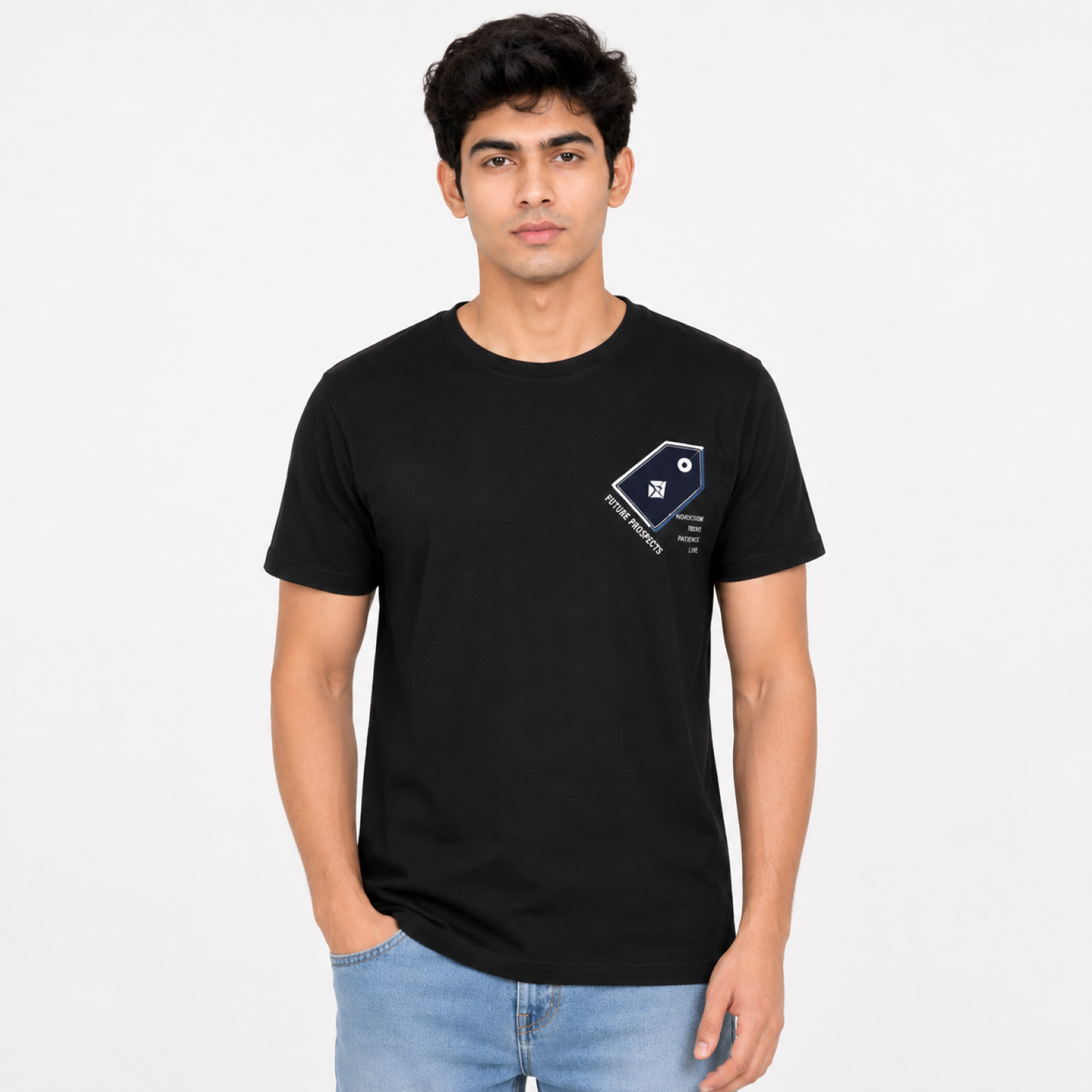 Men's Black Minimal Geometric Chest Print Crew Neck T-Shirt | Regular Fit Half Sleeve Casual Tee-1