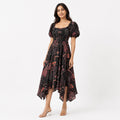 Women's Black Printed Smocked Midi Dress-1