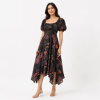 Women's Black Printed Smocked Midi Dress-1