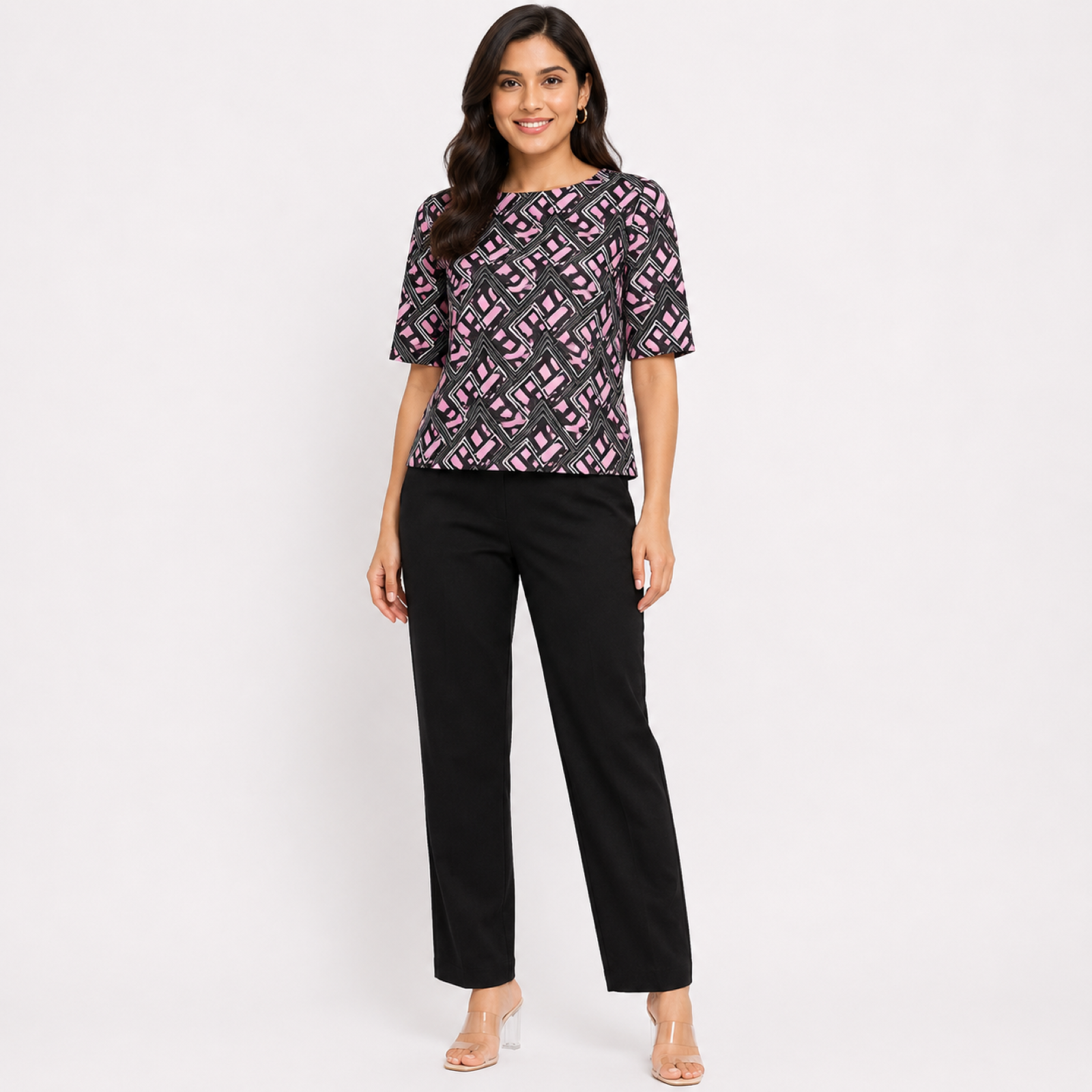 Women's Pink Geometric Print Half Sleeve Top-4