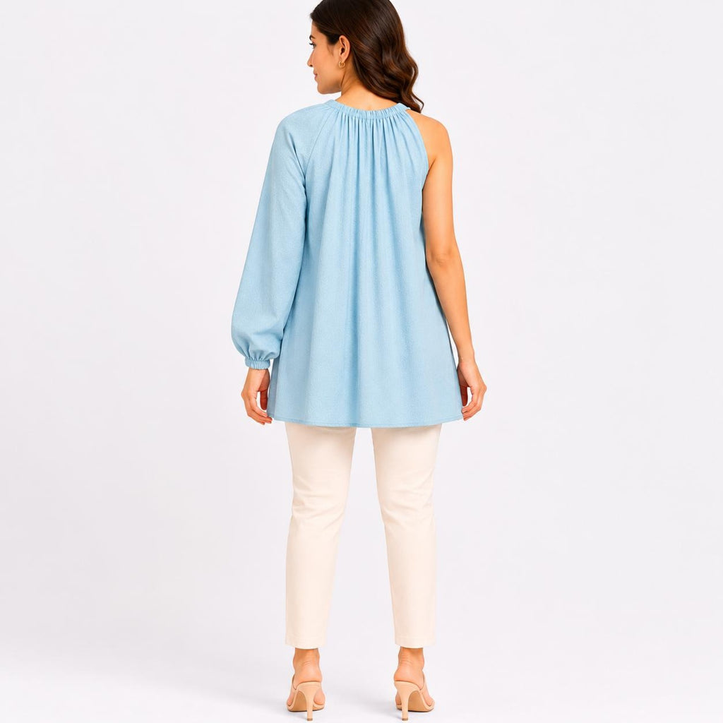Women's Smoke Blue One Sleeve Gathered Tunic Top-2