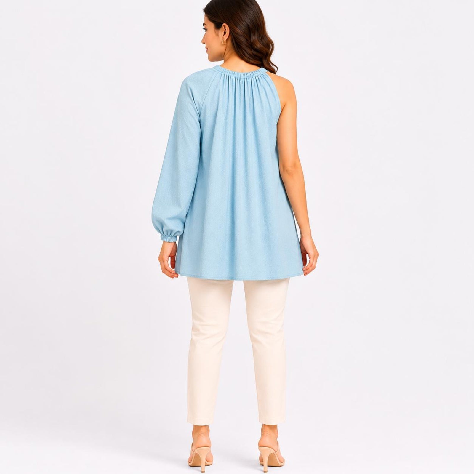 Women's Smoke Blue One Sleeve Gathered Tunic Top-2