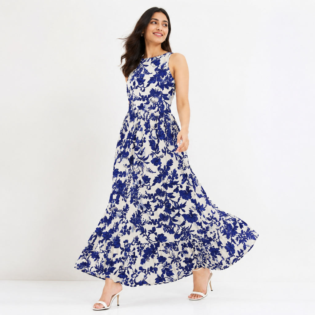 Women's Blue Floral Halter Neck Maxi Dress-1