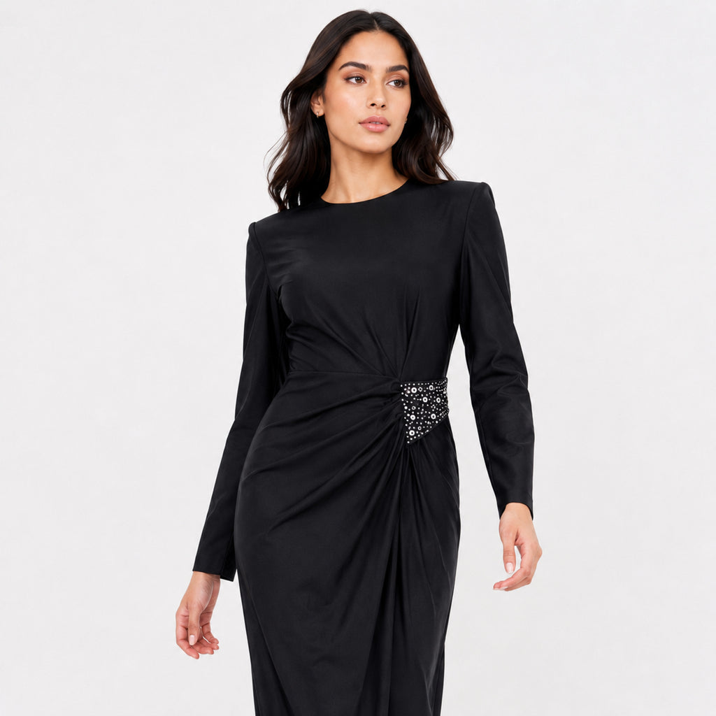 Women's Black Embellished Waist Gathered Maxi Dress-3