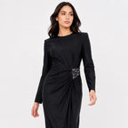 Women's Black Embellished Waist Gathered Maxi Dress-3