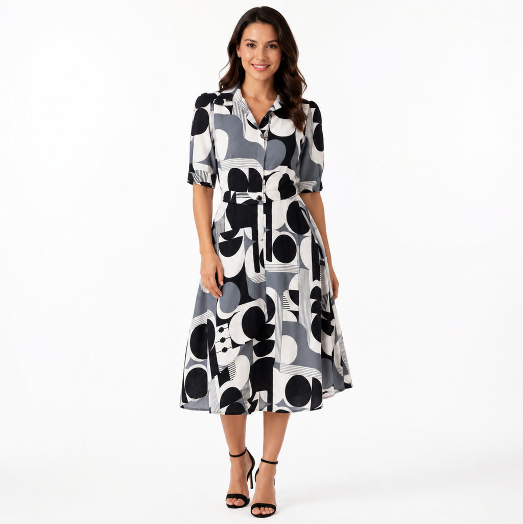 Women's Monochrome Abstract Print Midi Dress-3