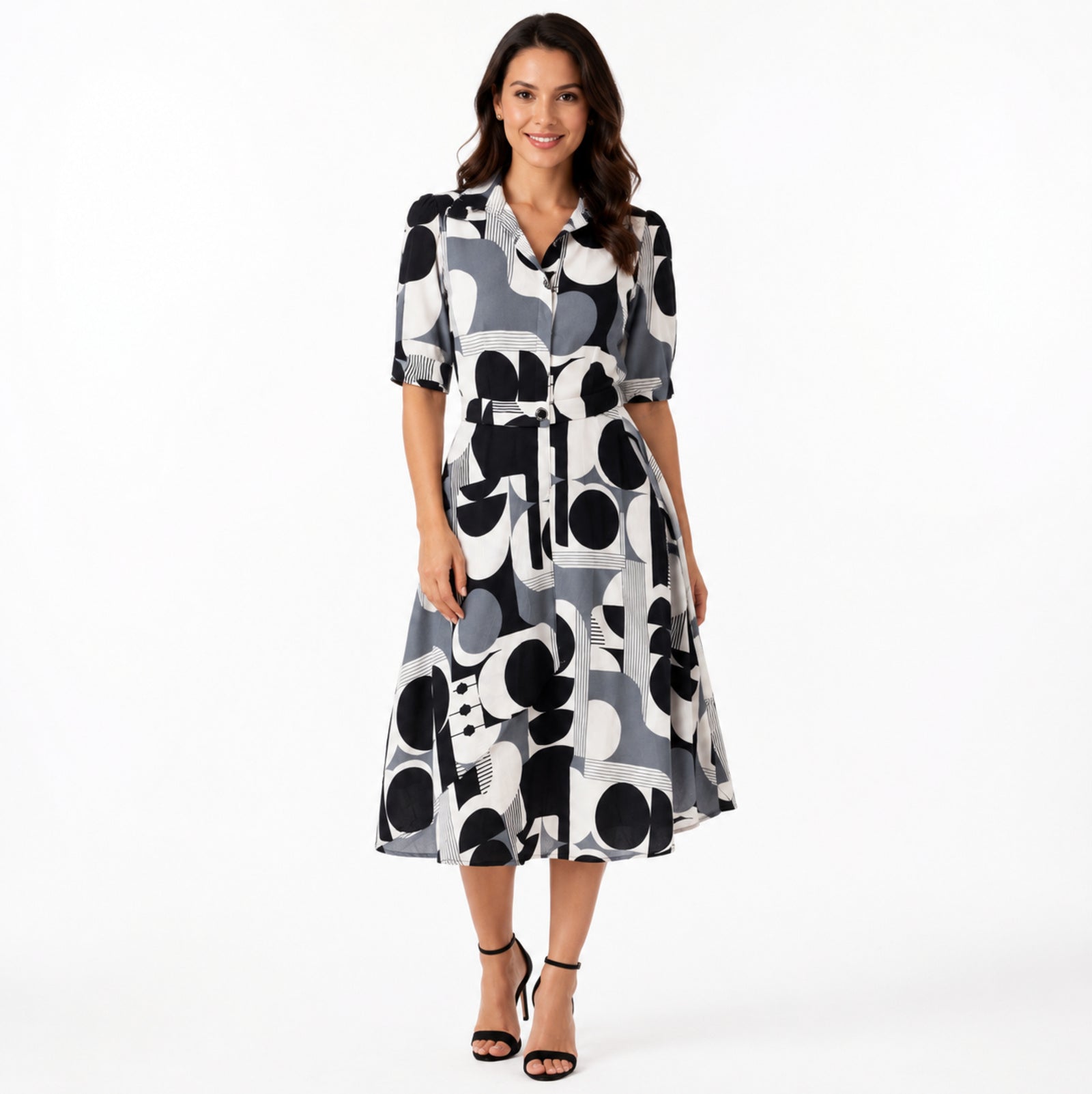 Women's Monochrome Abstract Print Midi Dress-3