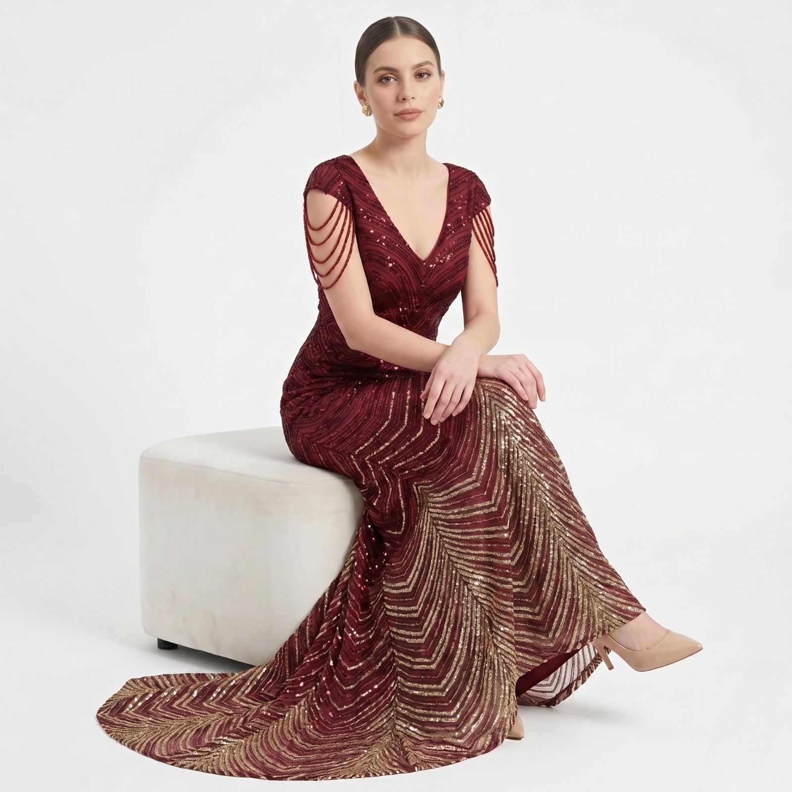 Ruby Glam Fringe Sequin Evening Gown-2