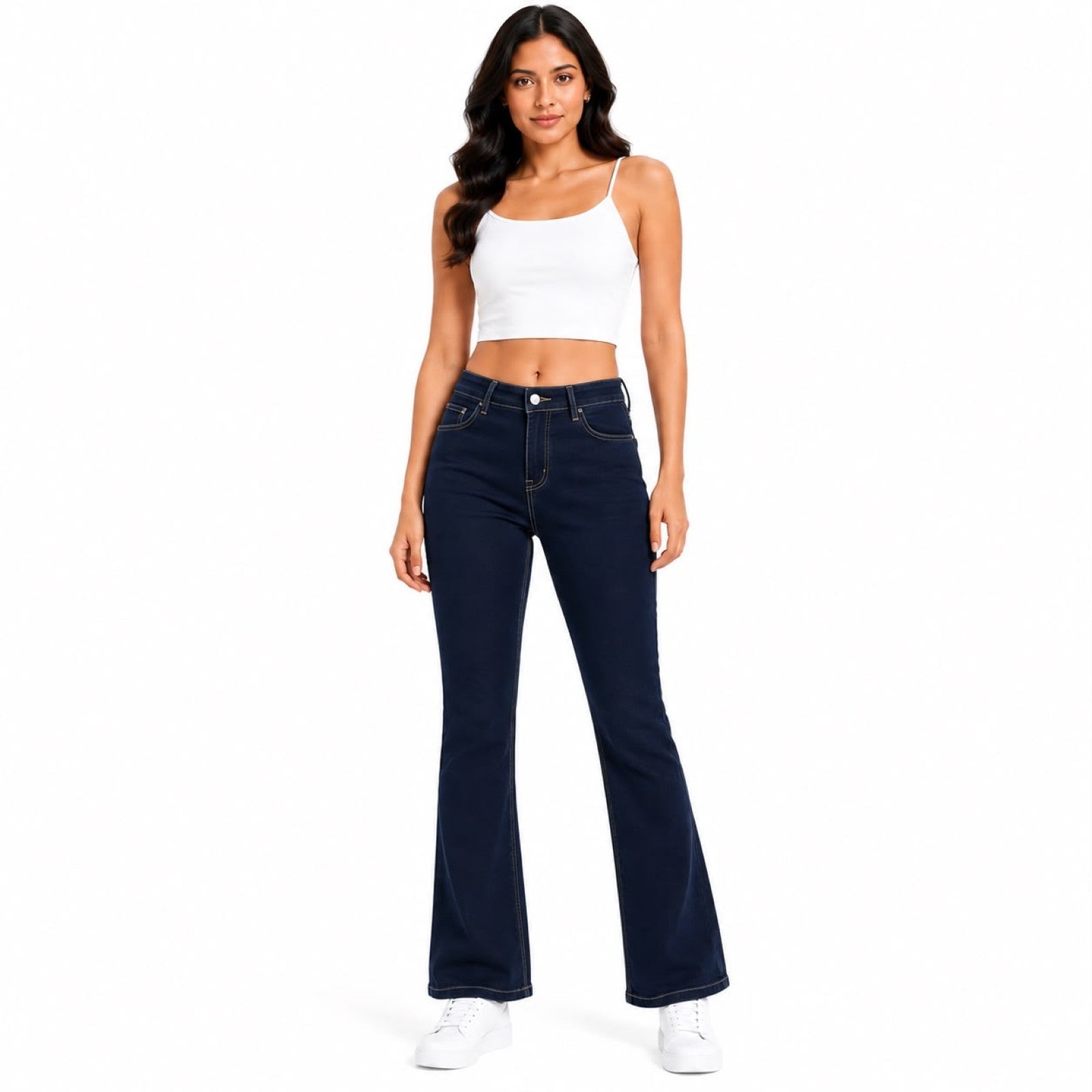 Women's Navy Blue High-Rise Flared Denim Jeans with Contrast Stitching-1