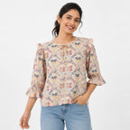 Women's Pastel Geometric Print Ruffle Sleeve Top-1