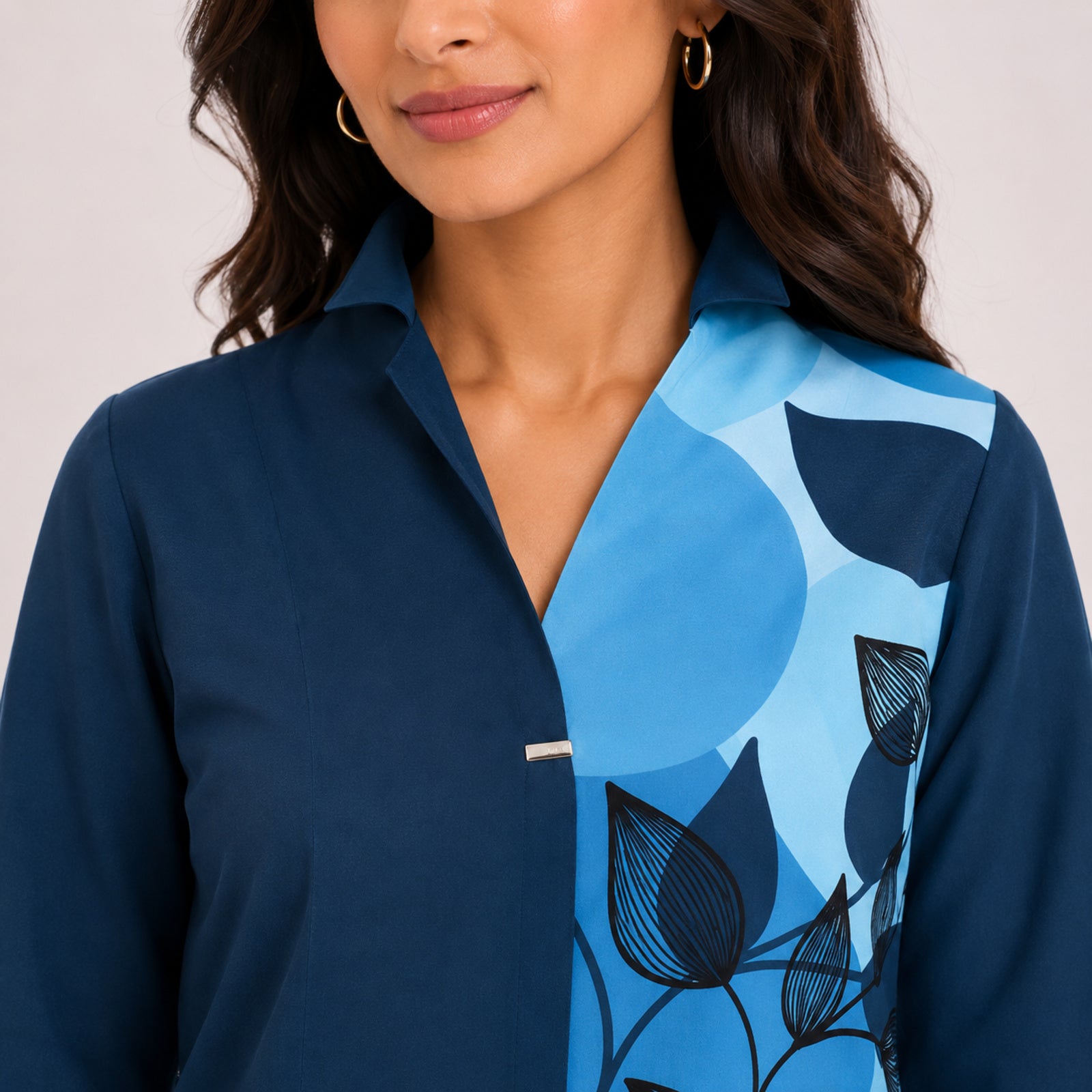 Women's Avant-Garde Teal Cerulean Abstract Leaf Print Asymmetric Tunic Shirt-3