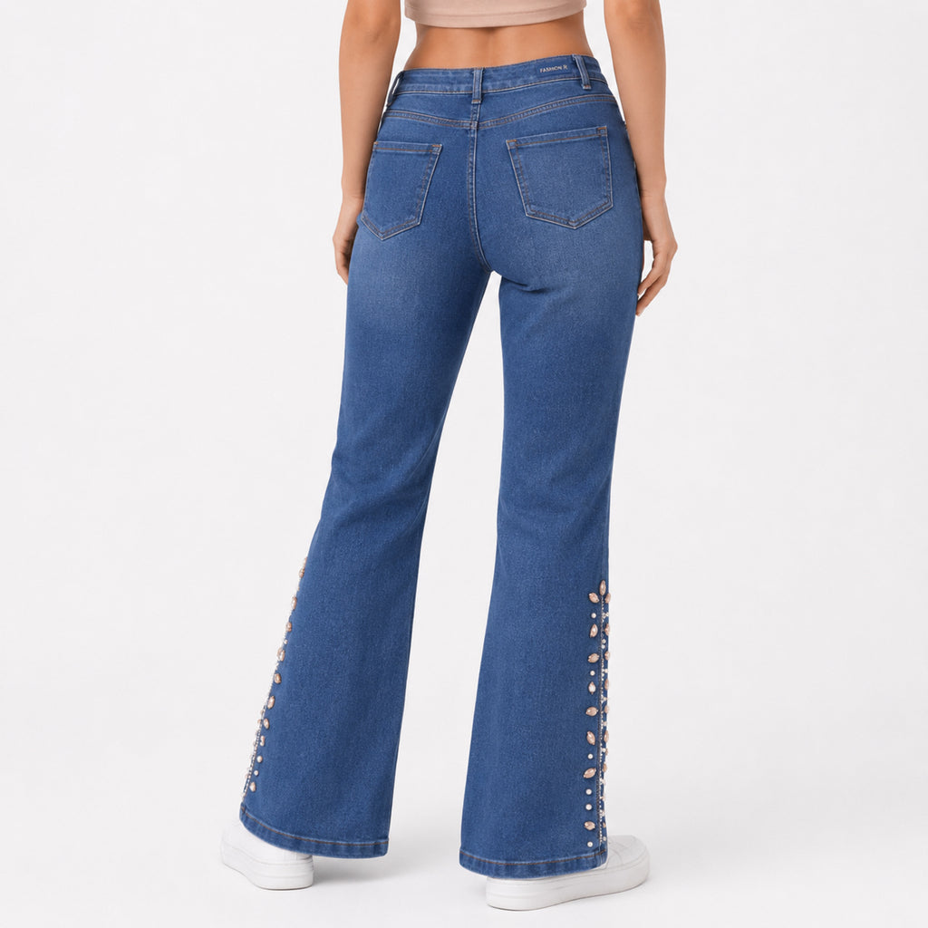 Women's Shimmering Diamond Studded Medium Blue Bootcut Jeans-4