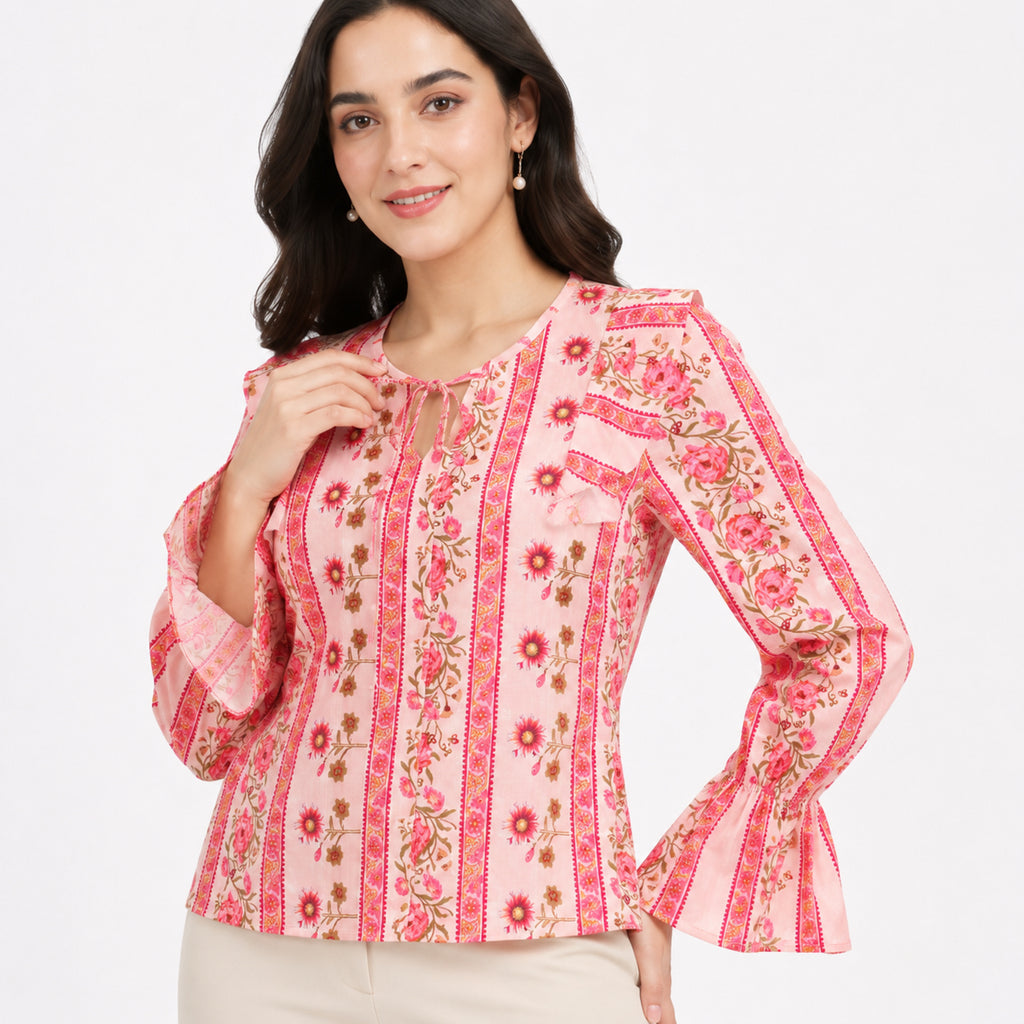 Women's Pink Floral Stripe Print Tie-Neck Flared Sleeve Top | Casual Boho Blouse-3