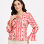 Women's Pink Floral Stripe Print Tie-Neck Flared Sleeve Top | Casual Boho Blouse-3