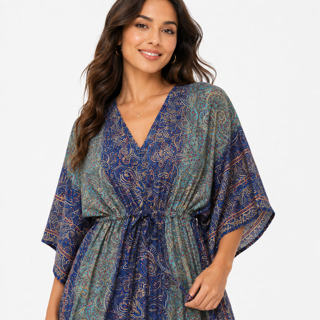 Women's Blue Paisley Print V-Neck Kaftan Maxi Dress | Flowy Resort Wear Dress-3