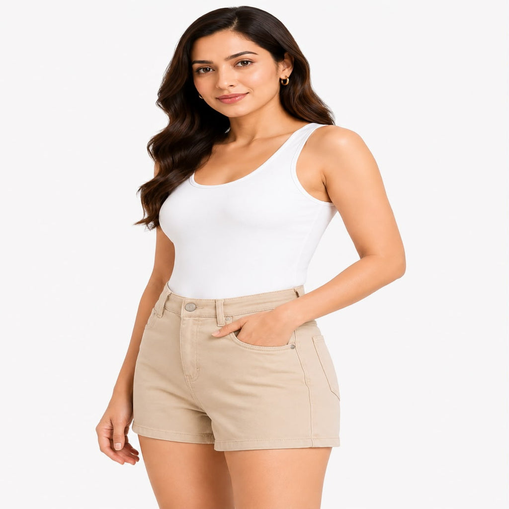 Women's Beige High-Rise Casual Shorts with Five-Pocket Design-3