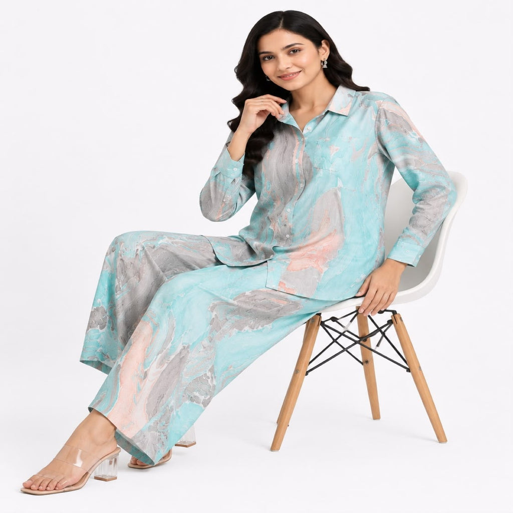 Women's Marble Print Co-Ord Set | Stylish Shirt & Wide Leg Pant Co-Ord Set for Women – Green-3