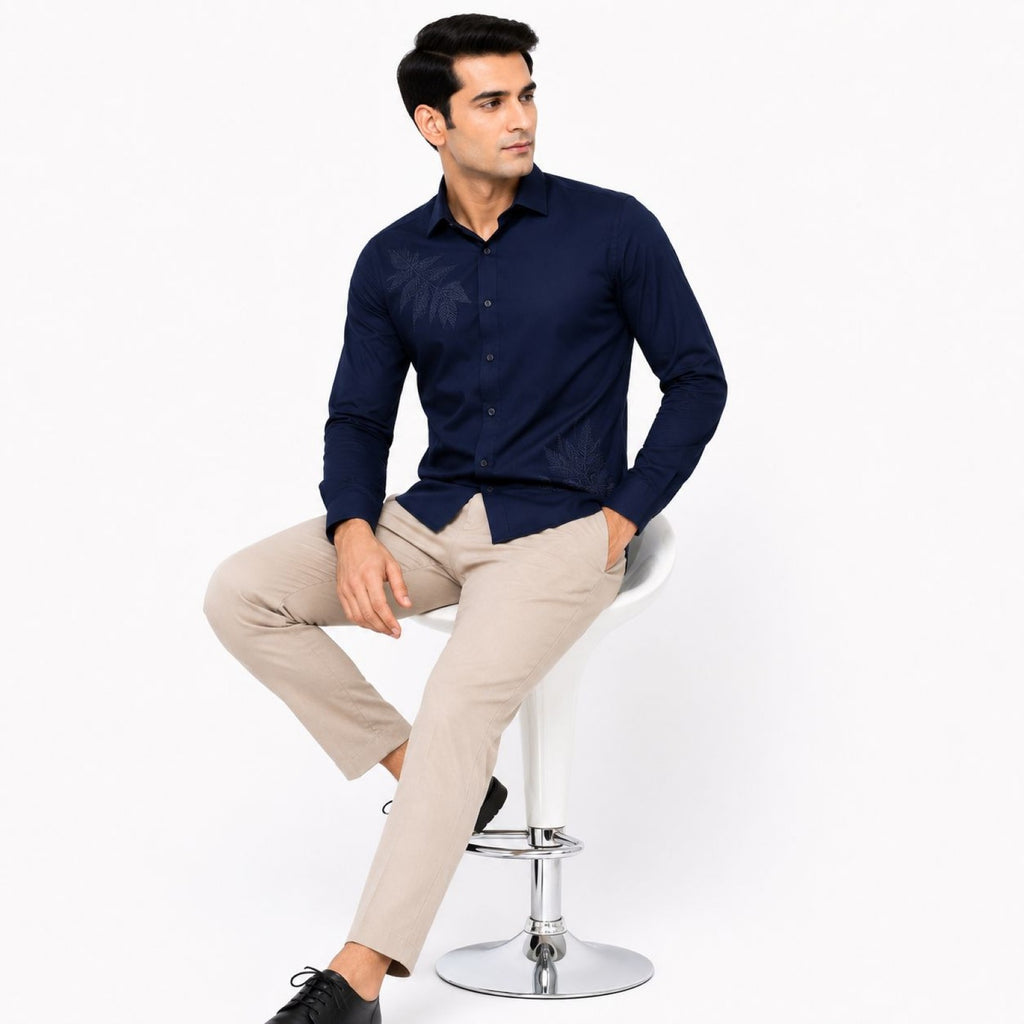 Men's Navy Blue Tonal Leaf Embroidered Shirt | Elegant Full Sleeve Dress Shirt-2