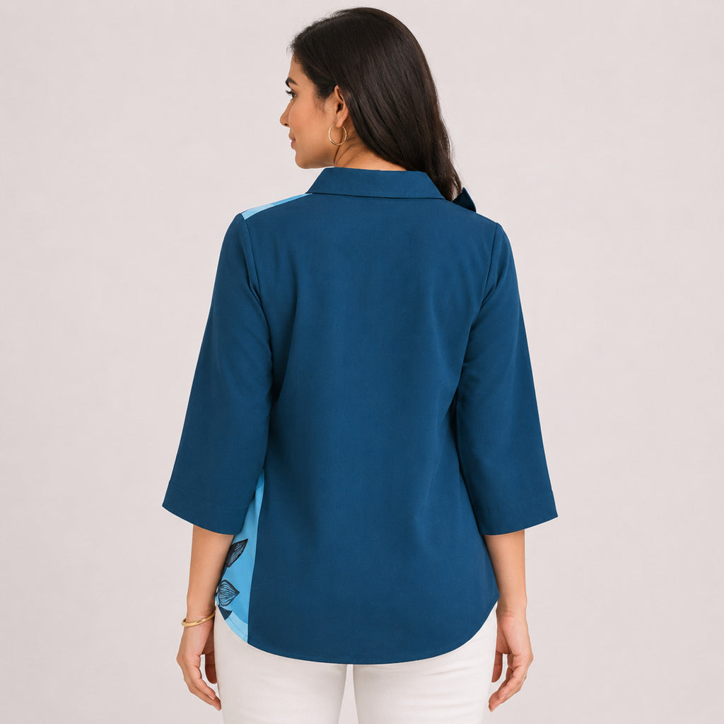 Women's Avant-Garde Teal Cerulean Abstract Leaf Print Asymmetric Tunic Shirt-4
