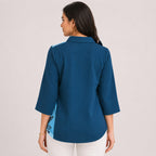 Women's Avant-Garde Teal Cerulean Abstract Leaf Print Asymmetric Tunic Shirt-4