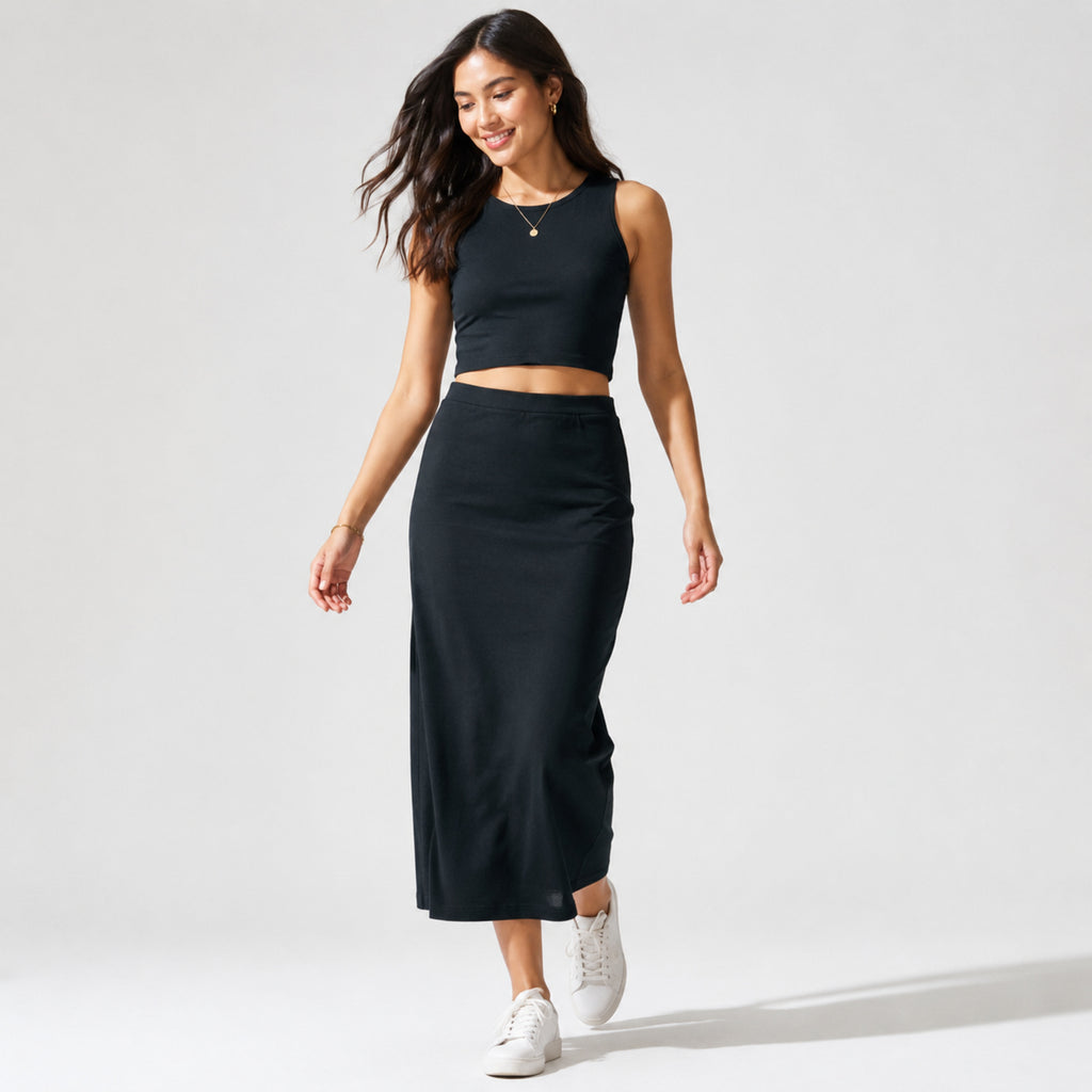 Women's Black Sleeveless Crop Top and Midi Skirt Co-Ord Set-3