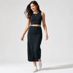Women's Black Sleeveless Crop Top and Midi Skirt Co-Ord Set-3