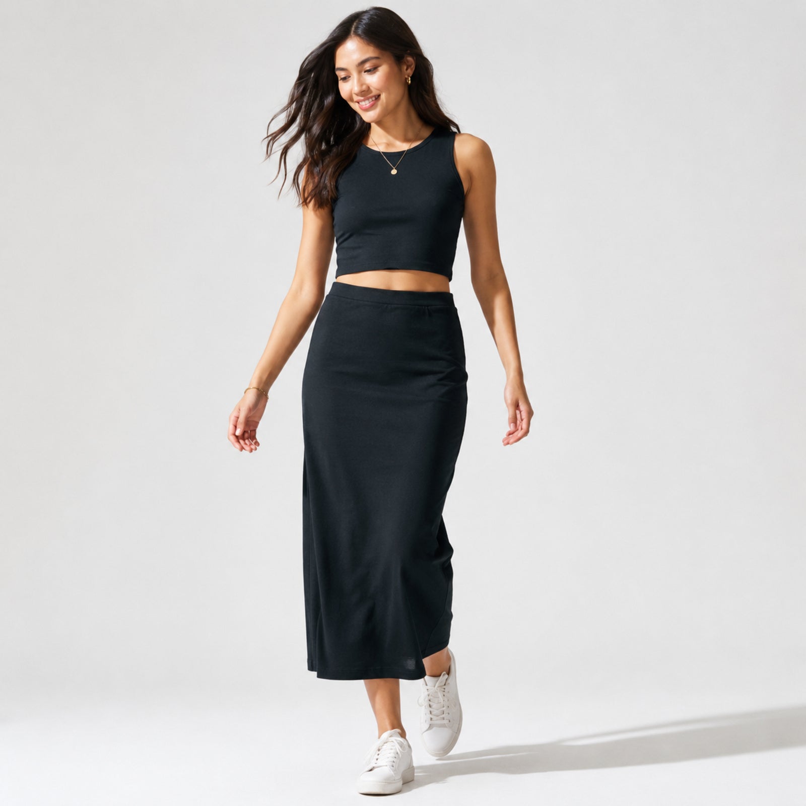 Women's Black Sleeveless Crop Top and Midi Skirt Co-Ord Set-3