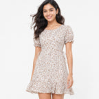 Women's Beige Floral Print Square Neck Puff Sleeve Mini Dress | Fit and Flare Casual Dress-3