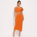 Women's Orange Solid One-Shoulder Sleeveless Crop Top and Asymmetric Midi Skirt Co-Ord Set for Party Wear-1