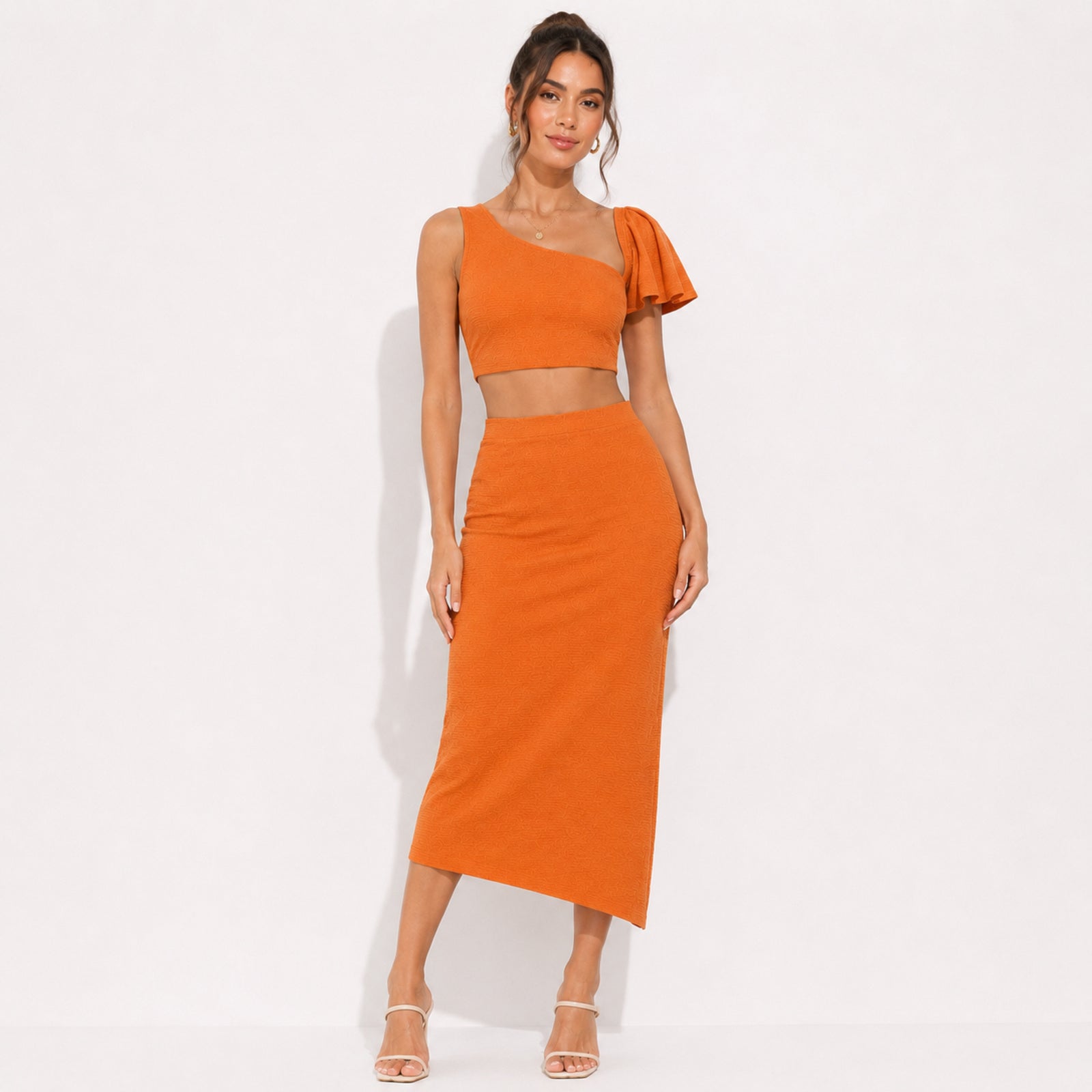 Women's Orange Solid One-Shoulder Sleeveless Crop Top and Asymmetric Midi Skirt Co-Ord Set for Party Wear-1