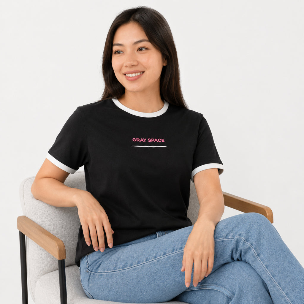 Women's Black Graphic Ringer T-Shirt-2
