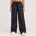 Women's Black Wide Leg Cargo Track Pants-1