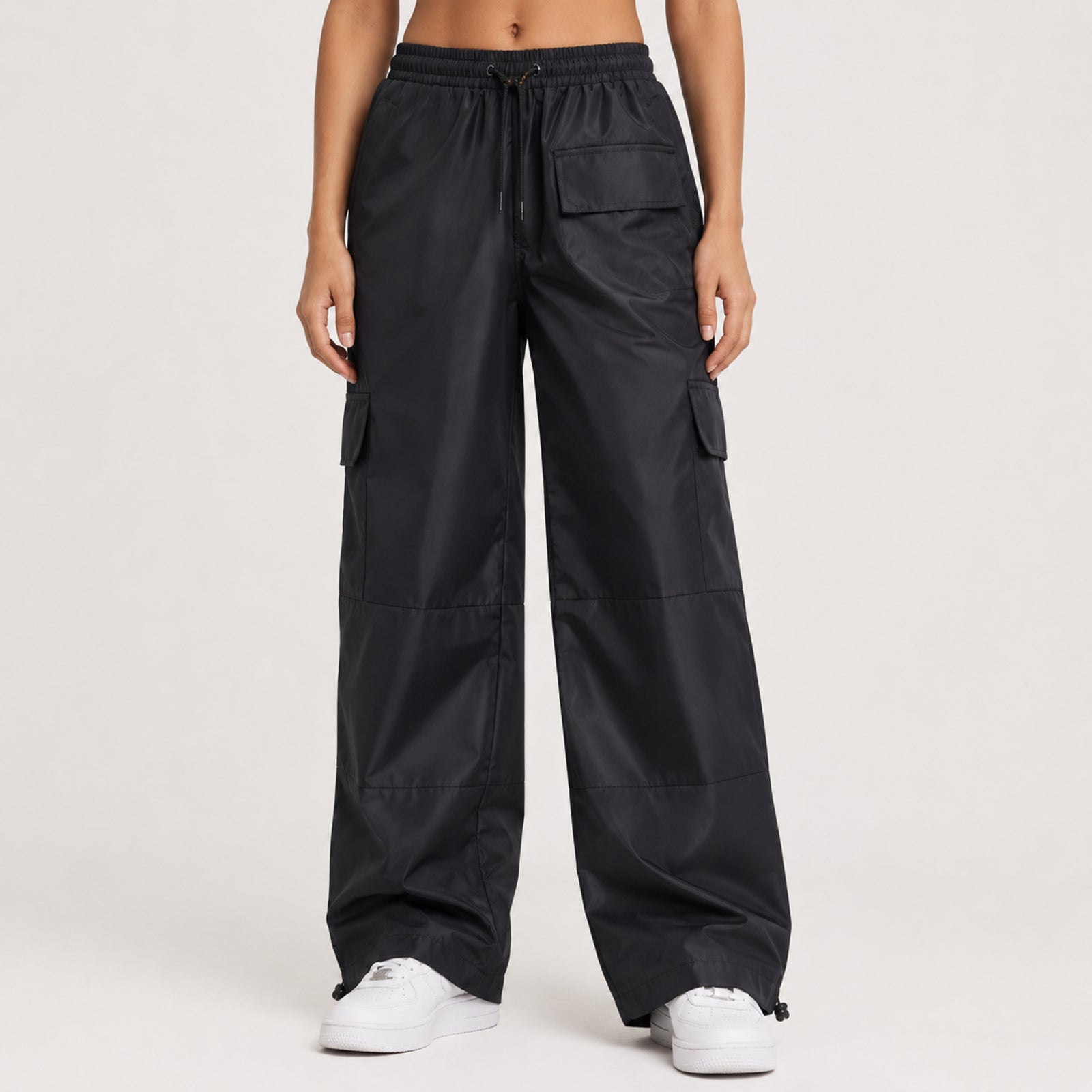Women's Black Wide Leg Cargo Track Pants-1