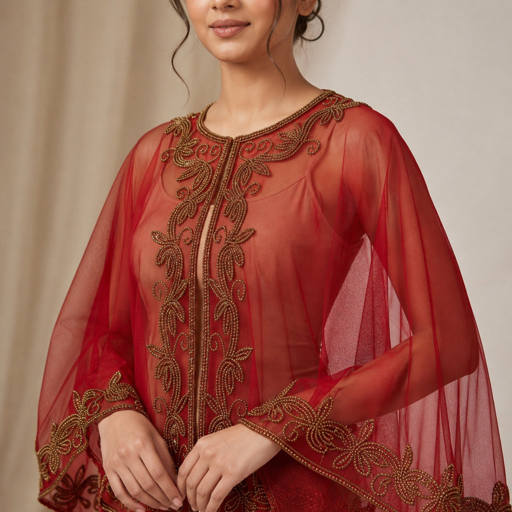 Women's Elegant Hand-Embroidered Red Sheer Cape Overlay Dress-3