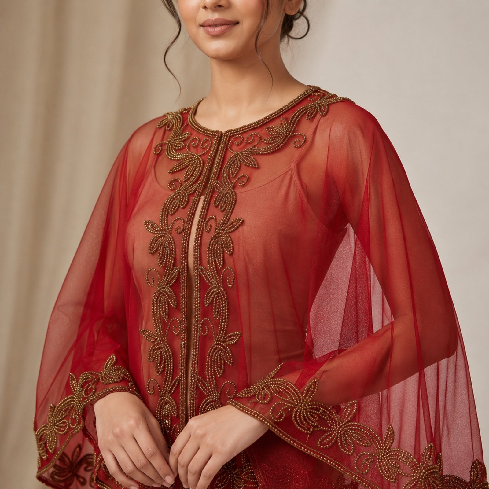 Women's Elegant Hand-Embroidered Red Sheer Cape Overlay Dress-3
