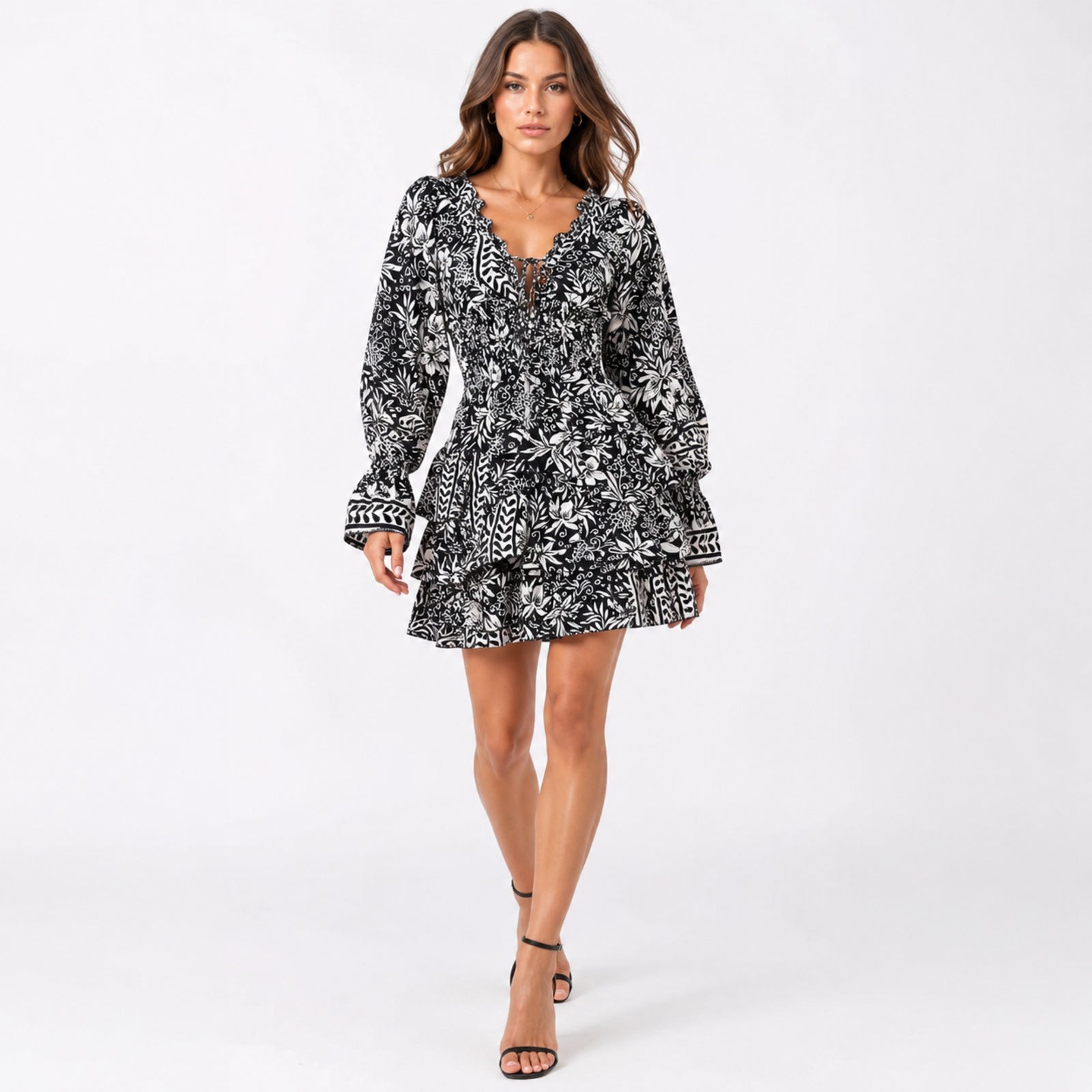 Women's Black Floral Print Smocked Mini Dress-1