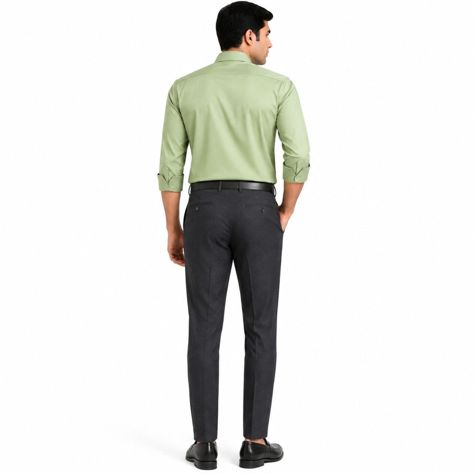 Men's Grey Slim Tapered Flat-Front Formal Trousers | Classic Office Wear Pants-4