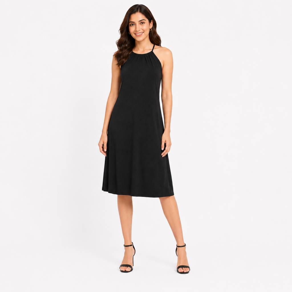 Women's Black Halter Neck Midi Dress | Sleeveless A-Line Solid Casual & Party Dress-1