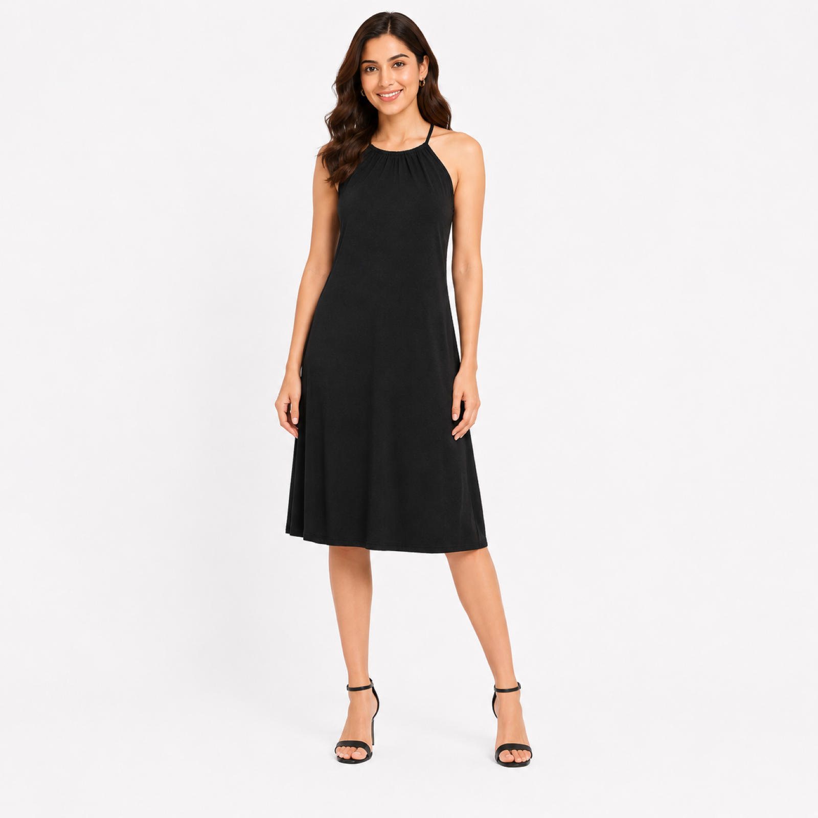 Women's Black Halter Neck Midi Dress | Sleeveless A-Line Solid Casual & Party Dress-1