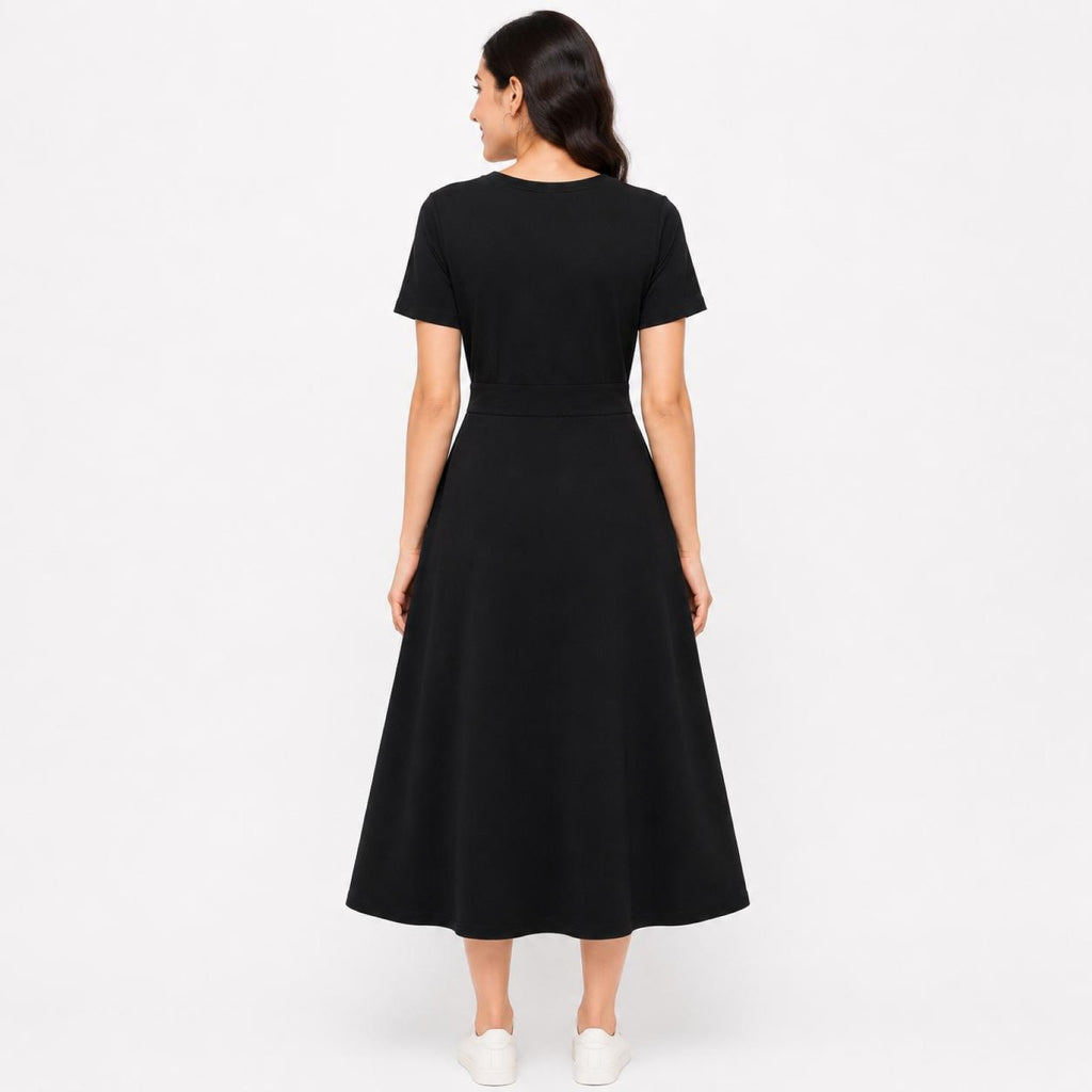 Women's Peach Color Block Fit & Flare Midi Dress-1