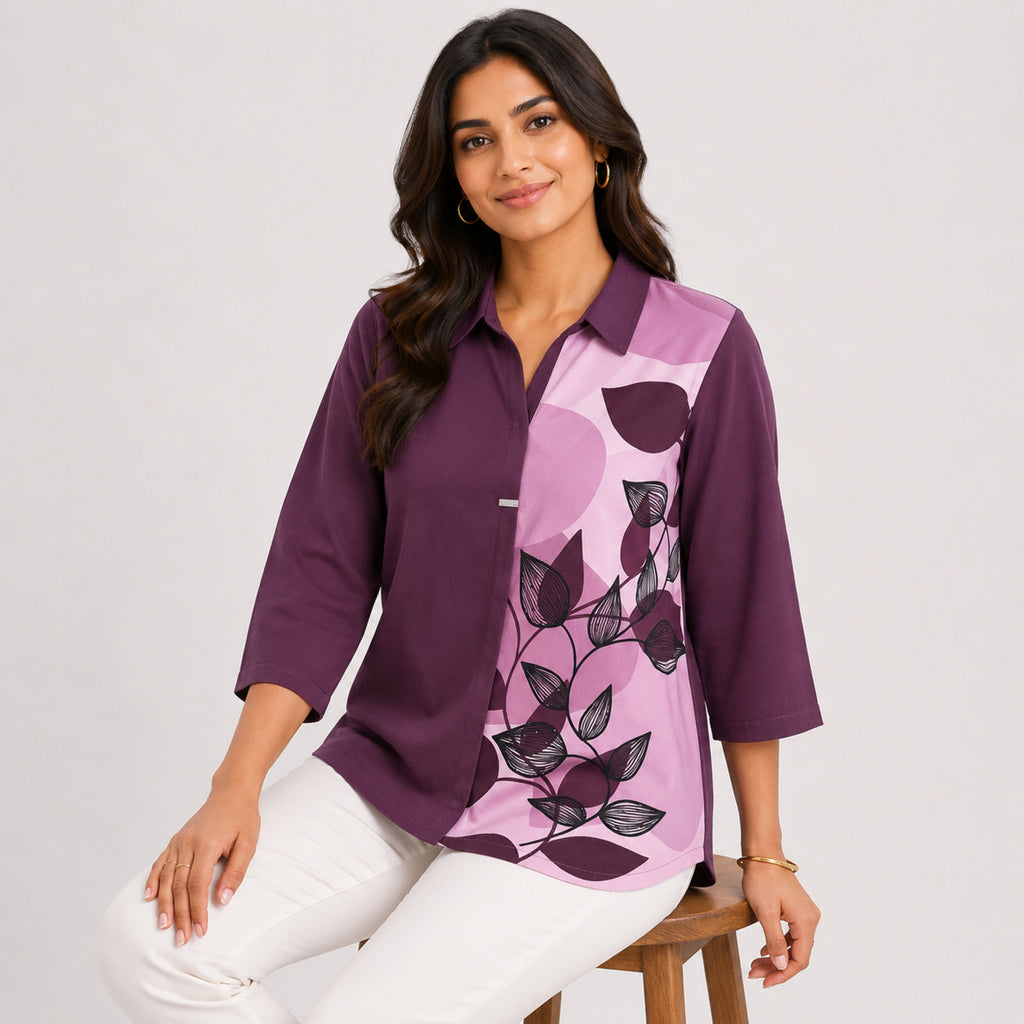 Women's Avant-Garde Mauve Grape Abstract Leaf Print Asymmetric Tunic Shirt-1