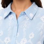 Women's Sky Blue Embroidered Tunic Top | Collared 3/4 Sleeve Lace Hem Casual Kurti-2