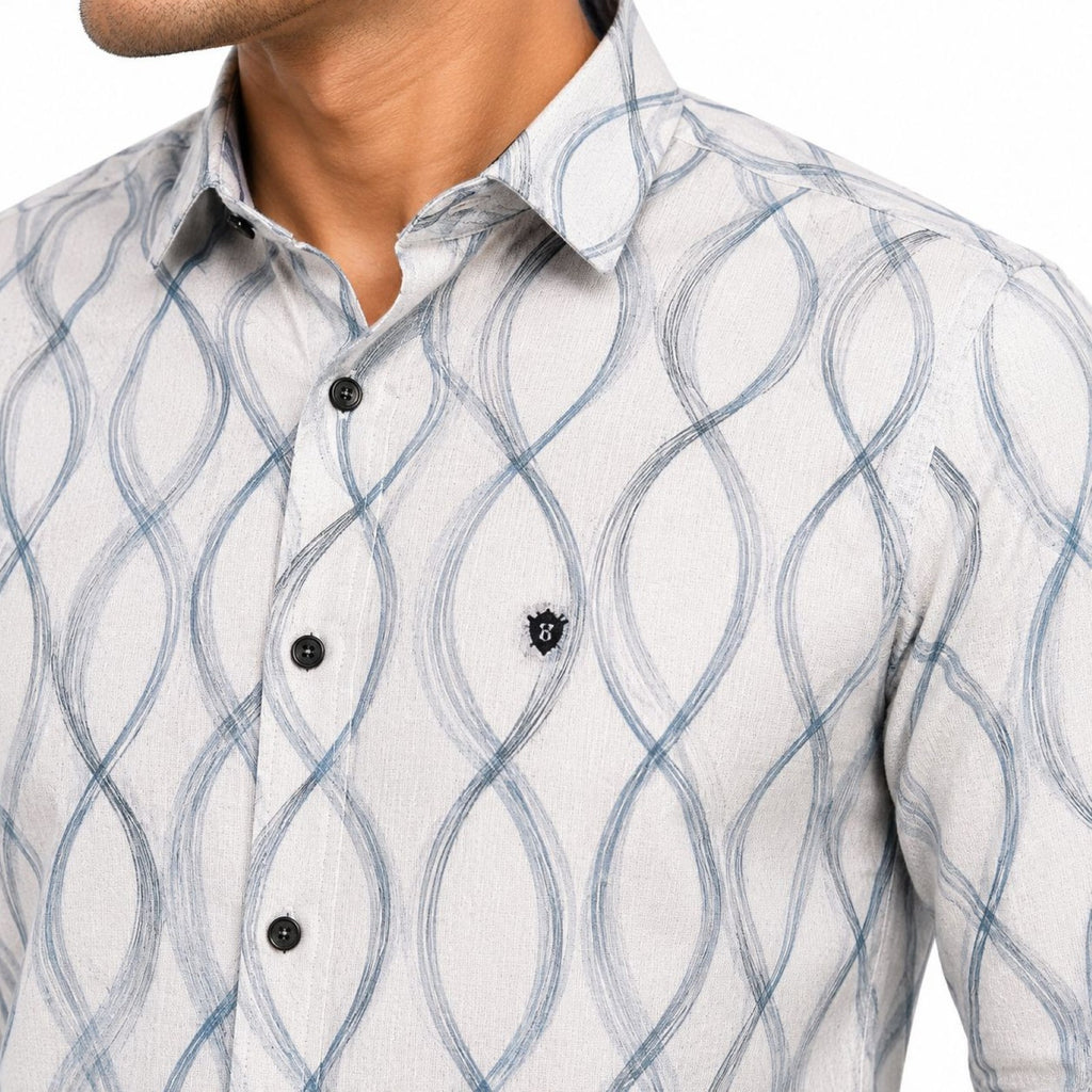 Men's Blue Wave Line Printed Full Sleeve Shirt | Modern Abstract Casual Shirt-2