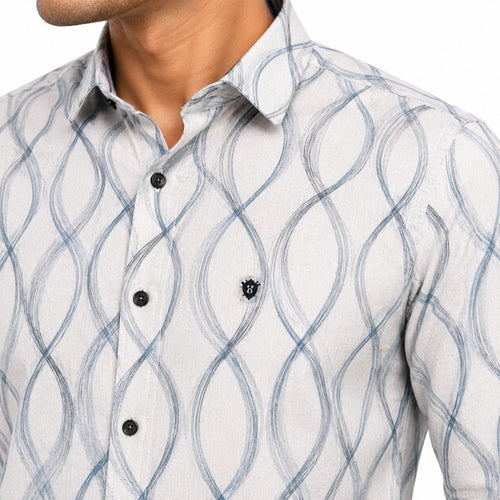 Men's Blue Wave Line Printed Full Sleeve Shirt | Modern Abstract Casual Shirt-2