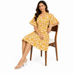 Women's Yellow Floral Print V-Neck Fit & Flare Knee-Length Dress-2