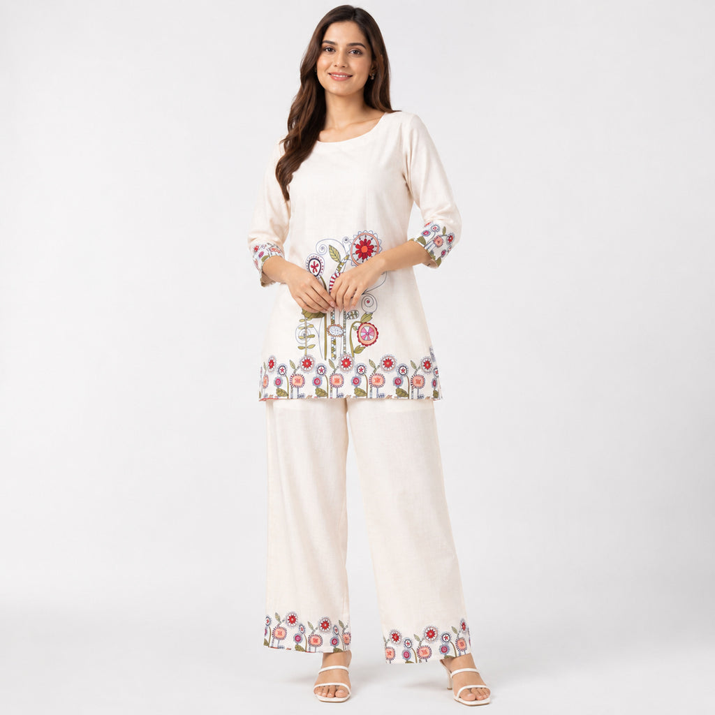 Women's Elegant Whimsical Floral Printed Beige Kurta and Palazzo Set-3