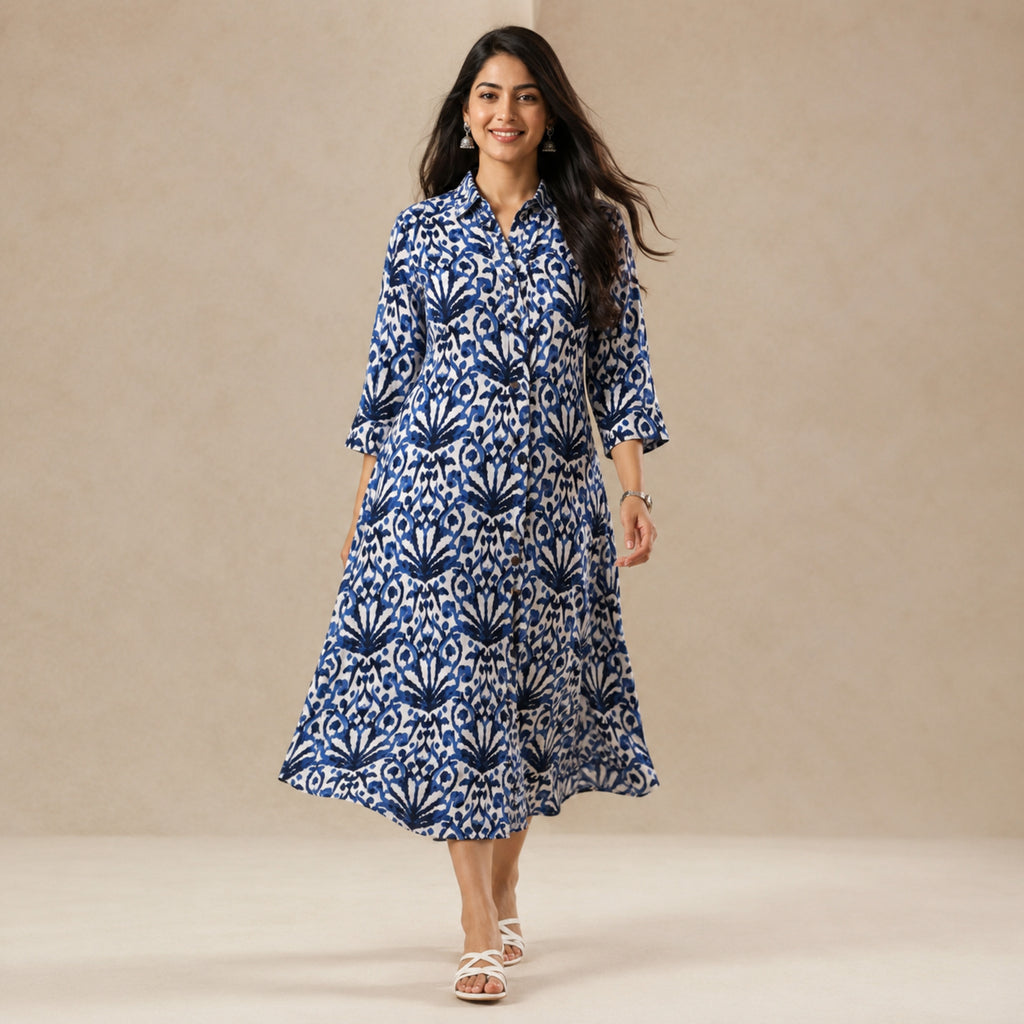Women's Blue Ethnic Printed Flared Midi Dress-1