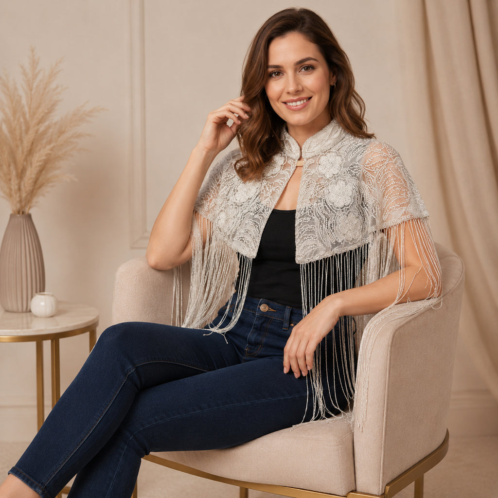 Women's White Lace Fringe Poncho-3