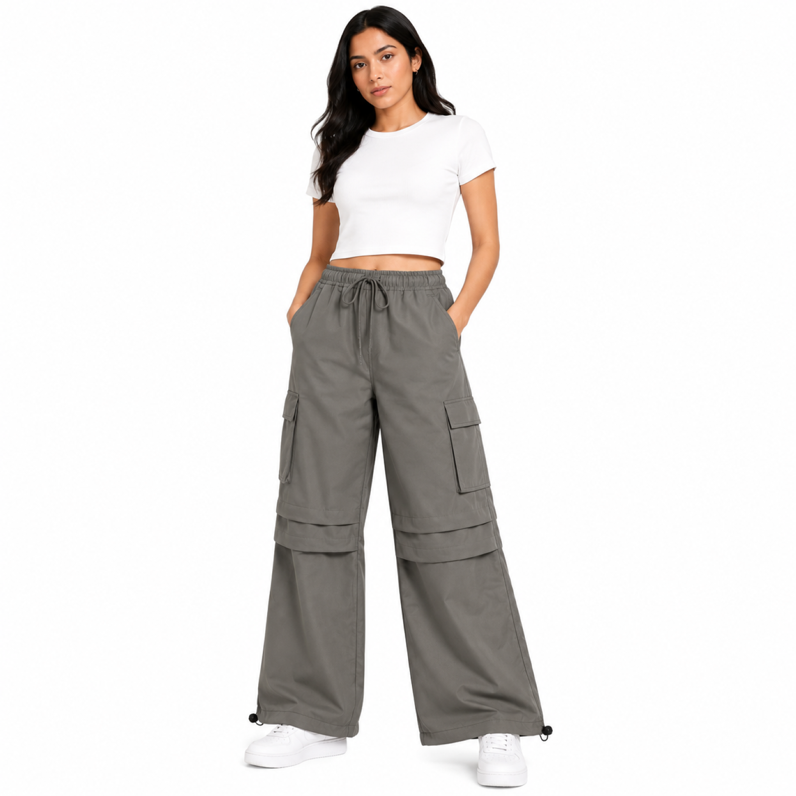 Women's Light Grey High-Waist Cargo Wide Leg Utility Pants-1